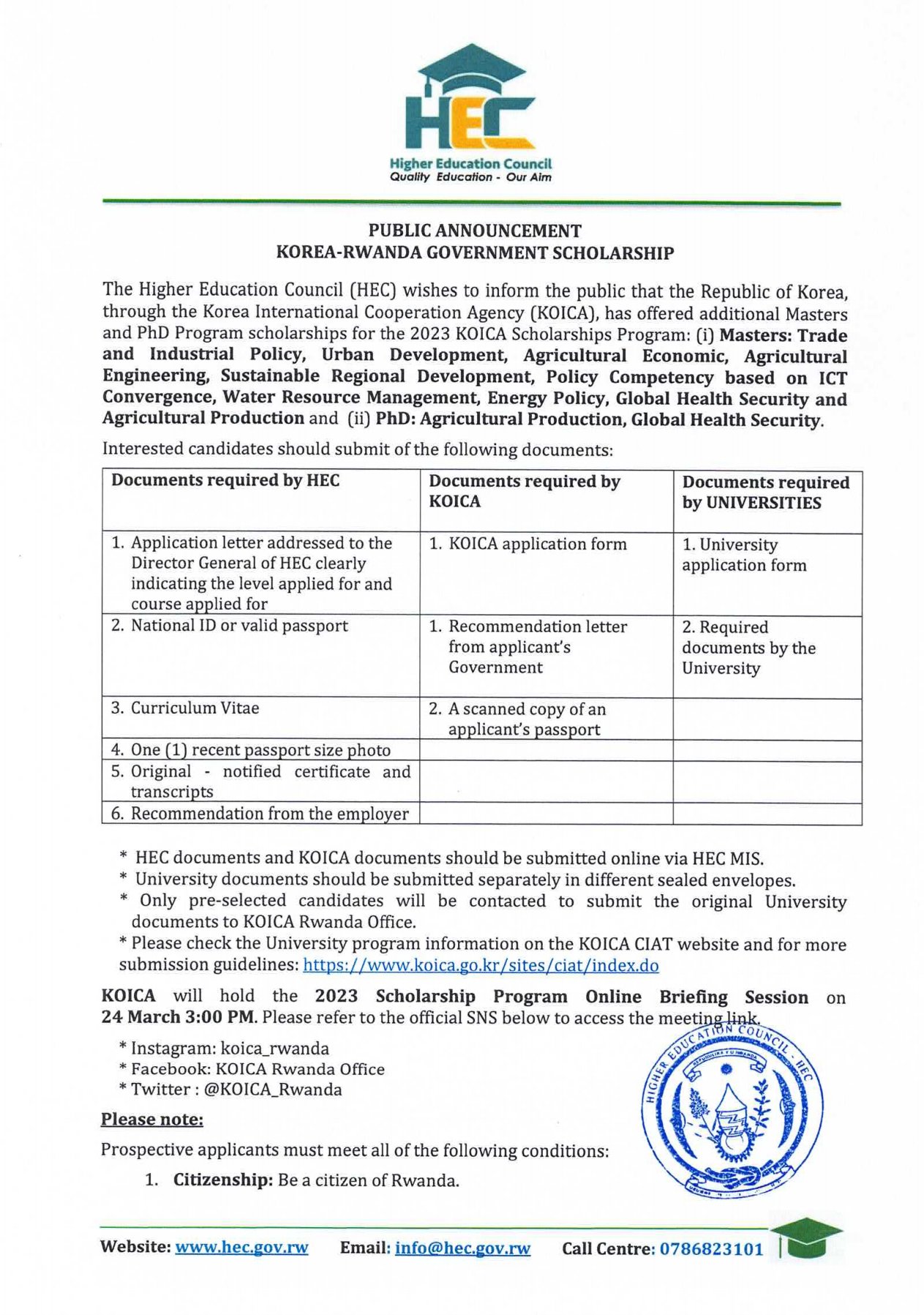 HEC PUBLIC ANNOUNCEMENT: Korea-Rwanda Government Scholarship Masters ...